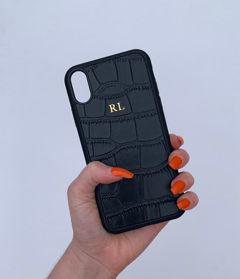 Black Croc Leather Phone Case Embossed Personalised for iPhone X Xs Xr Max 8 PLUS 7 Initial Monogram Custom Personlised Cover Gold 