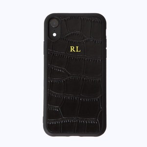 Coque de portable en cuir croco noire gaufrée personnalisée pour iPhone X Xs Xr Max 8 PLUS 7 monogramme initial personnalisé couverture personnalisée or image 3