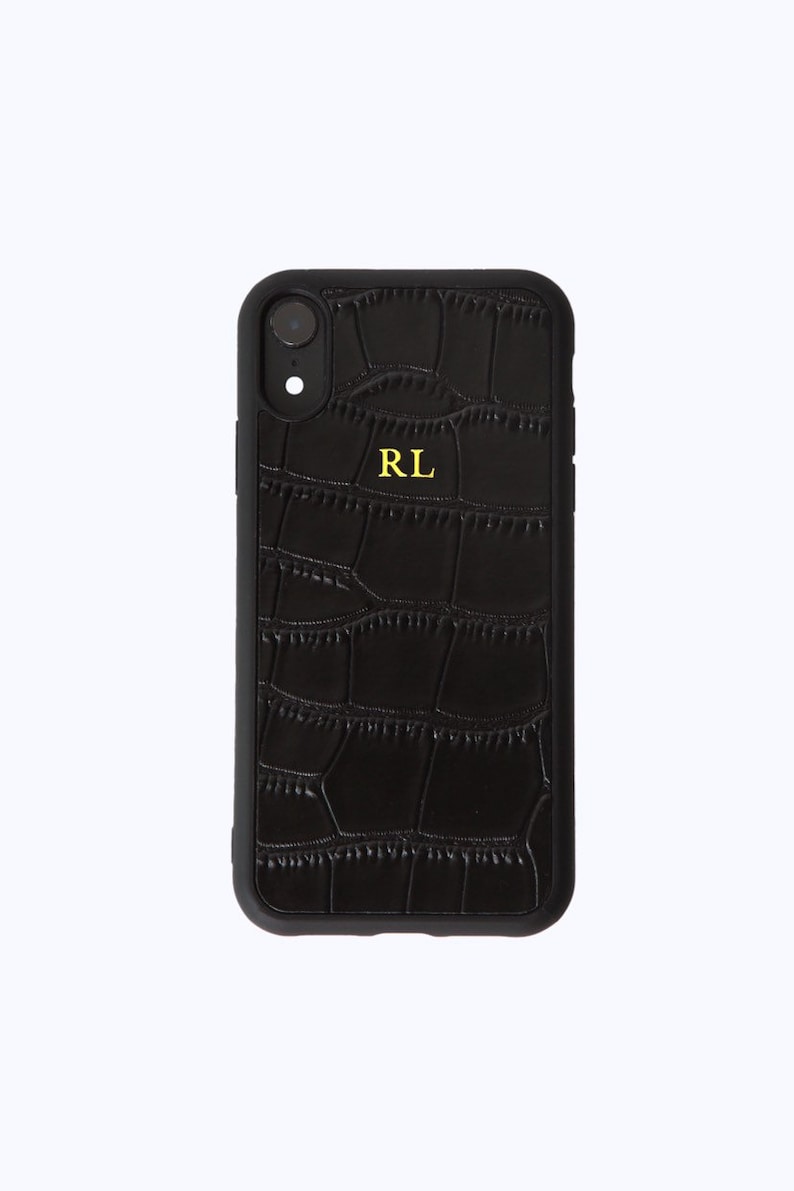 Coque de portable en cuir croco noire gaufrée personnalisée pour iPhone X Xs Xr Max 8 PLUS 7 monogramme initial personnalisé couverture personnalisée or image 3