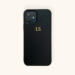 Gepersonaliseerde iPhone 12-hoesje, zwart saffianoleer iPhone 12-hoesje, aangepast zwart iPhone 12-hoesje, monogram initialen iPhone 12 hoesje met reliëf