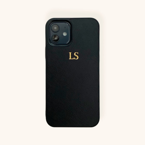 iPhone 12, iPhone 12 Pro, iPhone 12 Pro Max Black Saffiano Leather iPhone Case with Initials, Leather Personalised iPhone 12 Case Custom