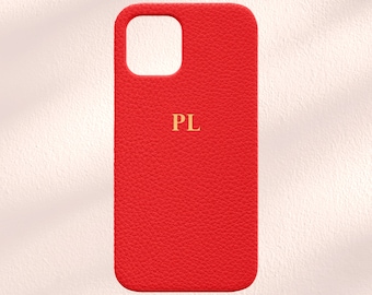 Coque pour iPhone en cuir rouge, coque de téléphone rouge personnalisée, coque personnalisée pour iPhone 13, 13 Pro, 12 coque rouge, 12 pro, 13 Pro Max, coque rouge initiales