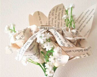 Book paper boutonniere decorated with artificial baby breath flowers, Book buttonhole, Book wedding, Librarian wedding, book theme flower