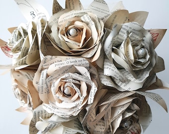 Book paper flowers bouquet CUSTOM ORDER, book page flowers, book themed wedding, book pages roses, recycled books, book vintage wedding deco