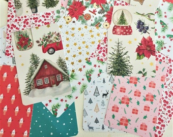 May include: A collection of Christmas-themed cards and patterned papers. Designs include poinsettias, red trucks, snow globes, gingerbread cookies, Christmas trees, and gift boxes. The color palette features red, green, white, and gold accents.