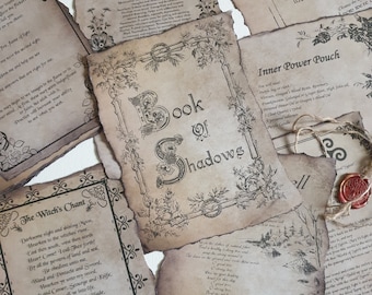 May include: A collection of aged paper sheets with handwritten text and illustrations. The central sheet reads "Book of Shadows" in ornate lettering. Other sheets feature floral borders, a wax seal, and various spells and incantations.