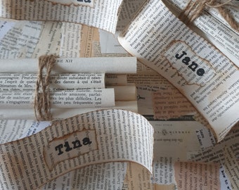 Etiquetas de nome de casamento com tema de livro, etiquetas de nome de festa com tema de livro, CONJUNTO de 10 PARES, nomes personalizados, configuração de local, nomes de locais