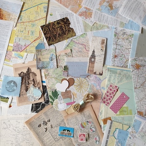 Travel Themed Junk Journal, Junk Journal Package, Selezione di carta, carta vintage, pagine di libri, mappe, mappe vintage, charms, tagli da morire, carte