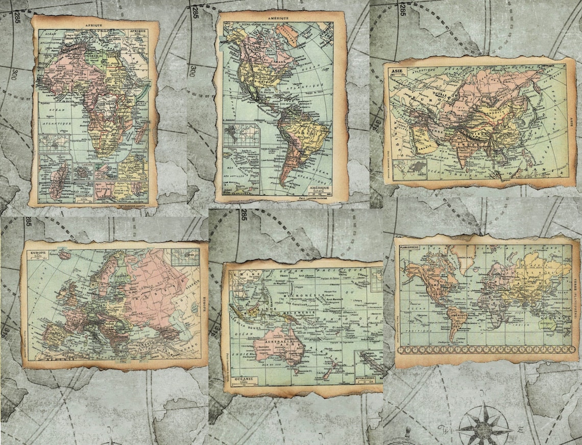 Vintage World Maps Printable Digital Kit of 6 A4 Printable | Etsy