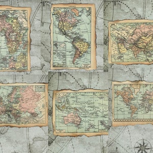 Vintage World Maps Printable, Digital Kit of 6 A4 printable, Vintage maps, Vintage maps printable, World maps printable, Maps printable