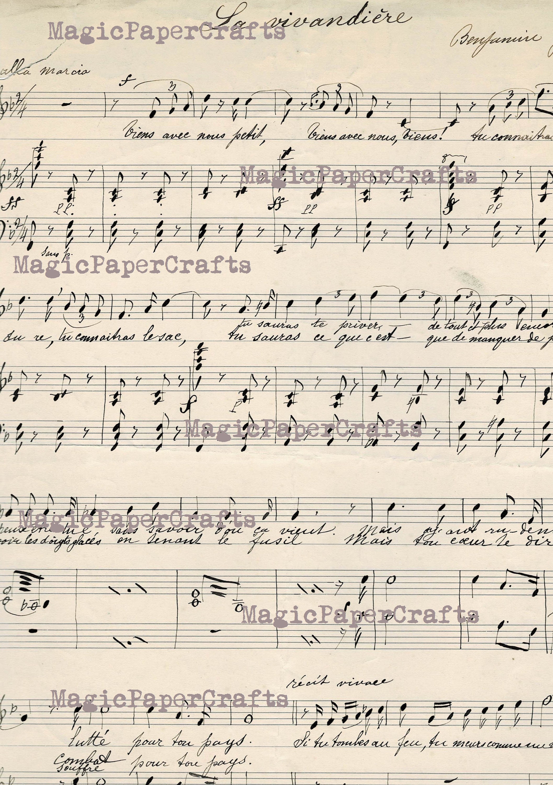 old sheet of music with handwritten notes, mf, mezzo-forte Stock