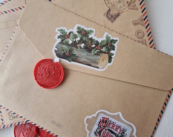 Enveloppe du Père Noël - Ensemble de 5 enveloppes vintage et 5 sceaux de cire auto-adhésifs, service postal de livraison du Père Noël, journal/cadeau de Noël,