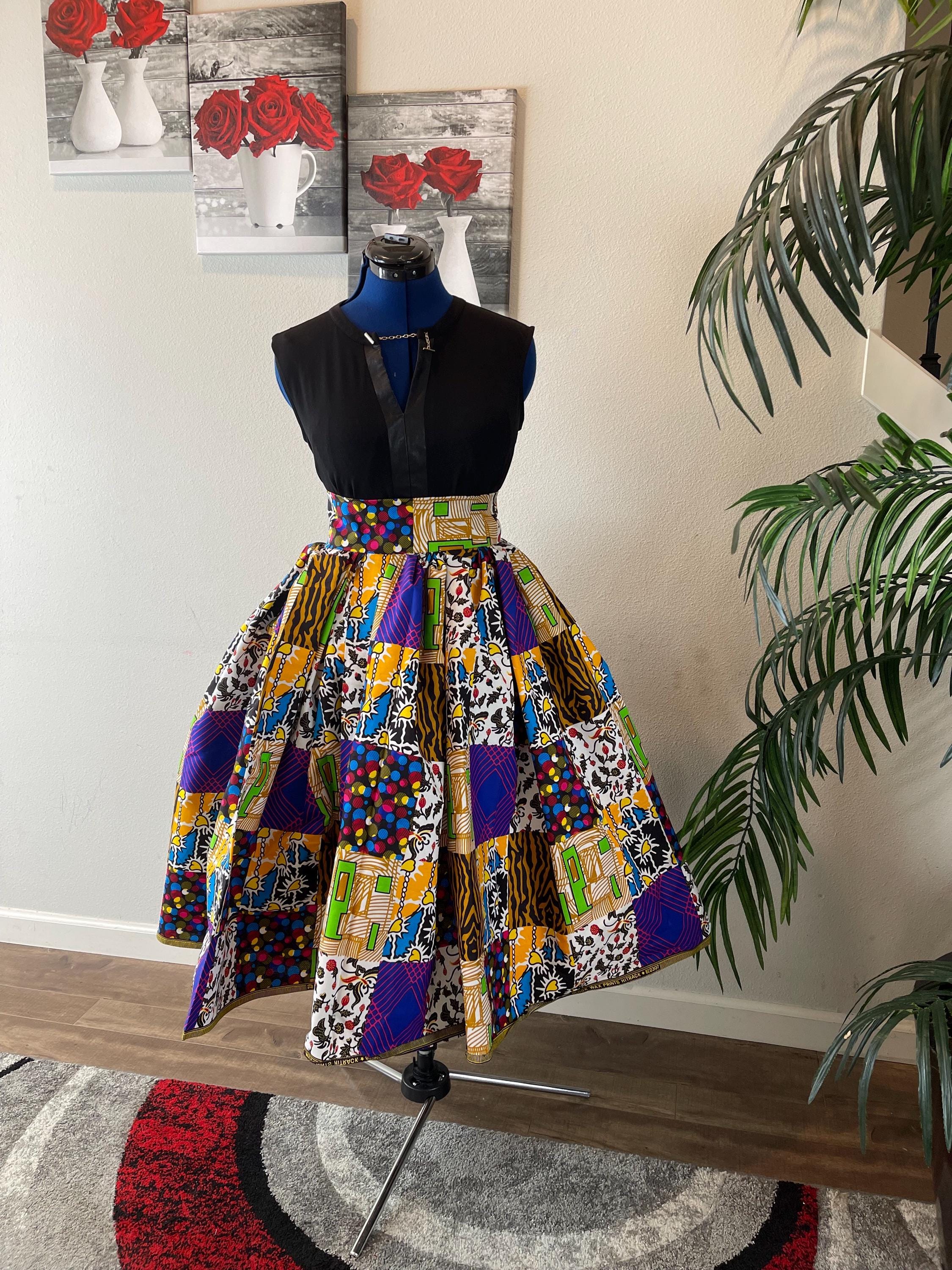 Ankara Midi Skirt, Box Pleated African Print, Pockets