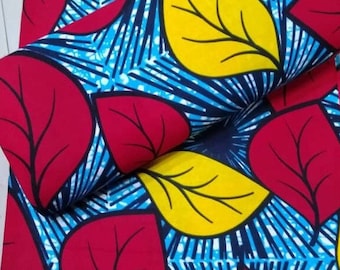 Tela africana/Ankara - Diseño floral azul, rojo y amarillo/Estampado africano de cera/Estampado africano/Tela para edredones/Turbante africano/Materiales para manualidades/VY12