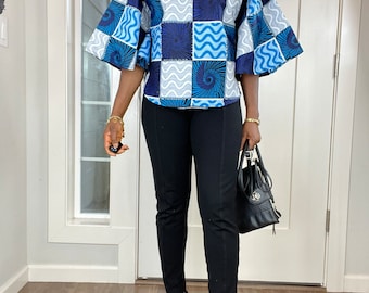 African Blouse/African  clothing/Blouse/Ankara Blouse/African Print Top/Ouff Sleeve Blouse/Blue Blouse /African Fabric/African
