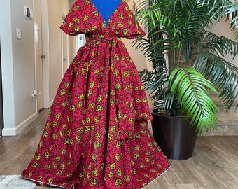 Vestido africano/ Vestido Ankara/ Vestido vermelho/ Roupa africana feminina/ Vestido Ankara/ Vestido com estampa africana/ Tamanhos grandes/ Vestido Kente/ Vestidos de noite