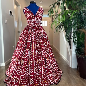 red and white african print dress Red & White Geometric African Print Maxi Dress: Embroidered Neckline