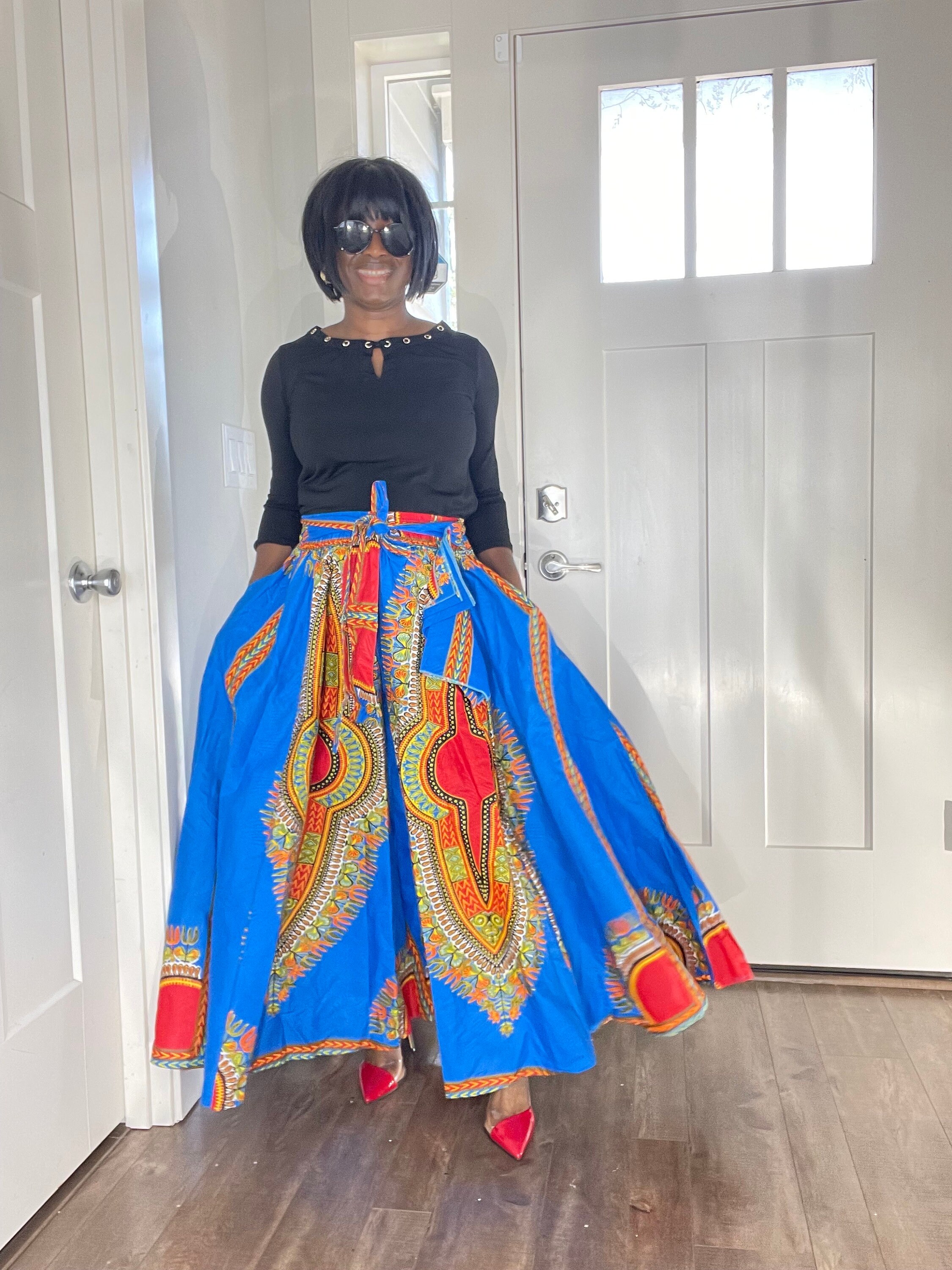 アフリカンスカート/アンカラスカート/マキシスカート/青赤スカート