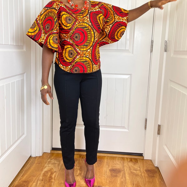 African clothing for women/ African blouse/African cape top/plus size African Red top/ Full flare blouse/summer top/