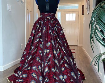 Red Ankara Maxi Skirt, High Waist African Print Cotton Skirt