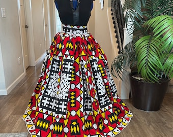 African clothing maxi skirt/ African women clothing/ High waist skirt/ African print skirt/ African Women skirt/Red and white African skirt