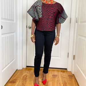 African clothing for women/ African high low crop top/ African cape top/plus size crop top/Brown top/ Full flare blouse/summer top/TK84
