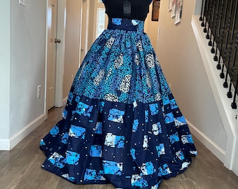 Falda azul y blanca con estampado africano/Falda maxi Ankara/Ropa africana para mujer/