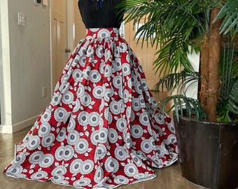 Red Ankara Maxi Skirt: High Waisted African Cotton Print