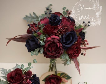 Burgundy Brides Wedding Bouquet With Navy Roses, Winter Wedding Rose Bouquet, Silk Wedding Flowers, Bridesmaid Bouquet With Berries Thistles