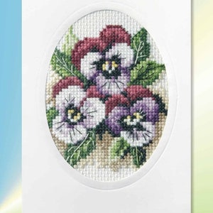Flower Cross Stitch Card Kits. Orchidea Kits. Hollyhocks, Dahlias, Sunflowers, Pansies, Anemones, Poppies, Forget-Me-Nots. Pansy Trio