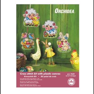 Kit punto croce pasquale "Agnelli, Coniglio, Pulcino" con 4 disegni. Crea le tue decorazioni a punto croce. Orchidea. Filato DMC Art 7659.