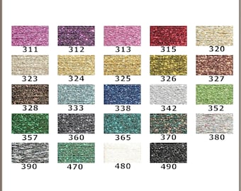 May include: A color chart displaying twenty-four rectangular swatches of metallic glitter thread. Each swatch is labeled with a numerical code ranging from 311 to 490, showcasing a variety of colors including pink, purple, gold, silver, green, blue, and black.