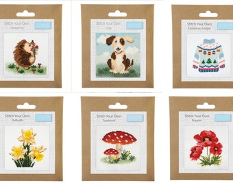 Mini Counted Cross Stitch Kits. Hedgehog. Dog. Poppies. Daffodils. Toadstool. Christmas Jumper. Newest Release Trimits Cross Stitch Kits.