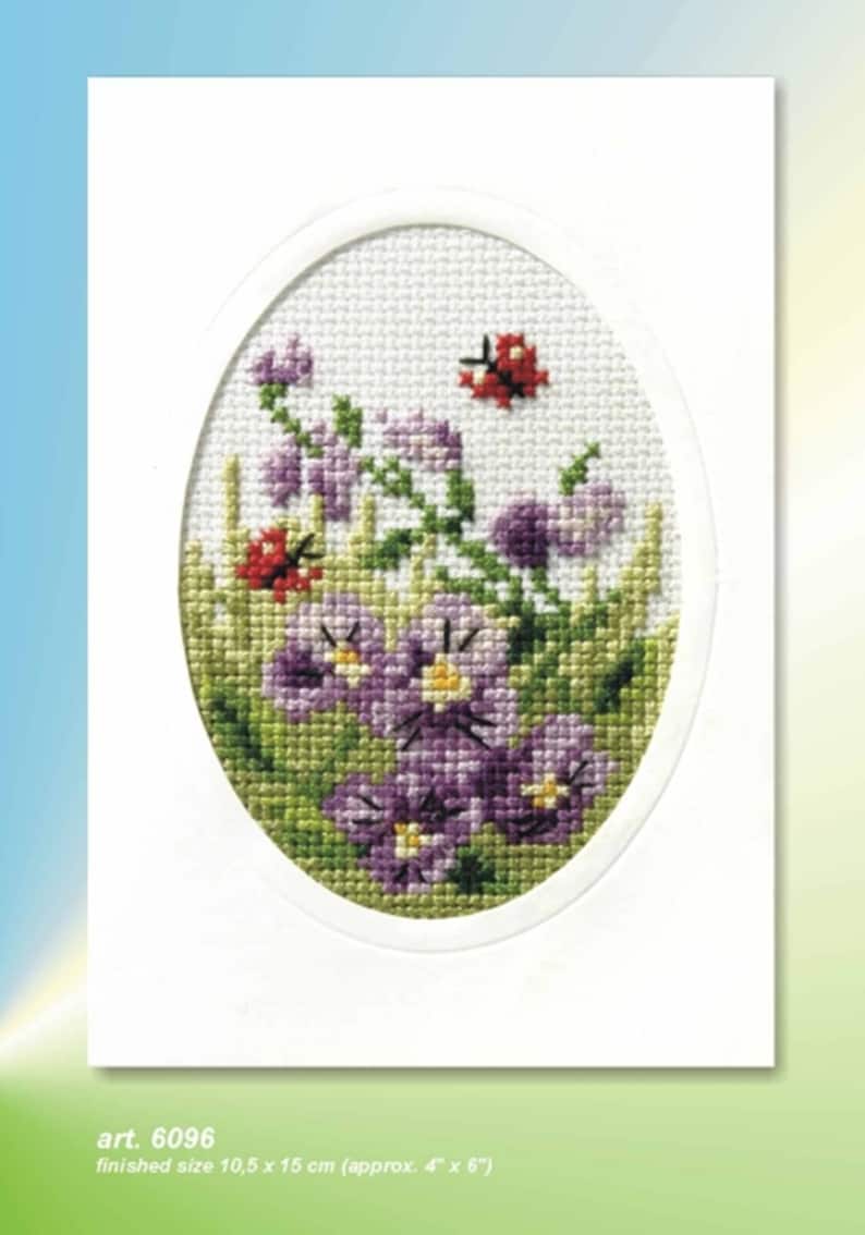 Flower Cross Stitch Card Kits. Orchidea Kits. Hollyhocks, Dahlias, Sunflowers, Pansies, Anemones, Poppies, Forget-Me-Nots. Pansies