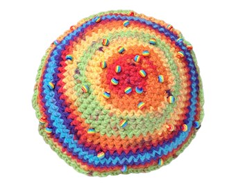 Hand Crocheted Rainbow Cushion: Beaded Fiber Art by Blind Artist