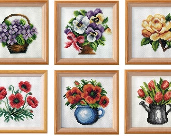Flower Cross Stitch Kits. Yellow Rose, Poppies, Violets, Tulips, Pansies. Beautiful floral themed cross stitch kits from Orchidea.