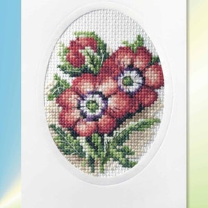 Flower Cross Stitch Card Kits. Orchidea Kits. Hollyhocks, Dahlias, Sunflowers, Pansies, Anemones, Poppies, Forget-Me-Nots. Anemones