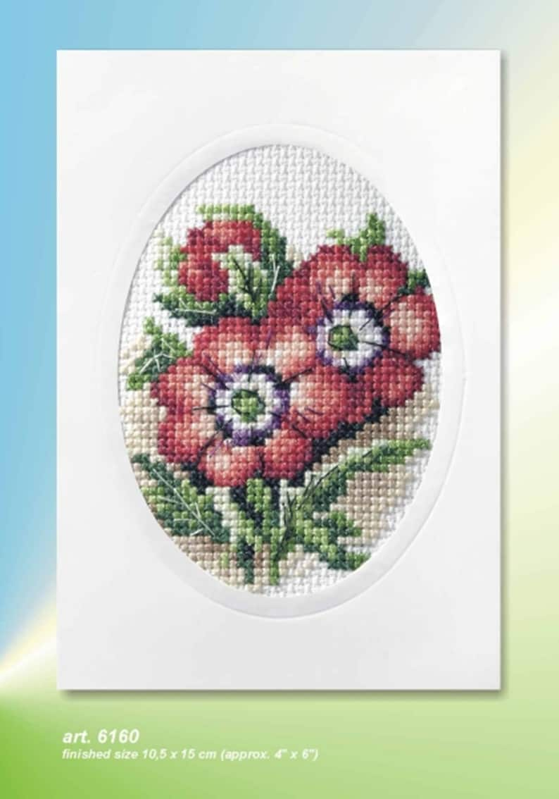 Flower Cross Stitch Card Kits. Orchidea Kits. Hollyhocks, Dahlias, Sunflowers, Pansies, Anemones, Poppies, Forget-Me-Nots. Anemones