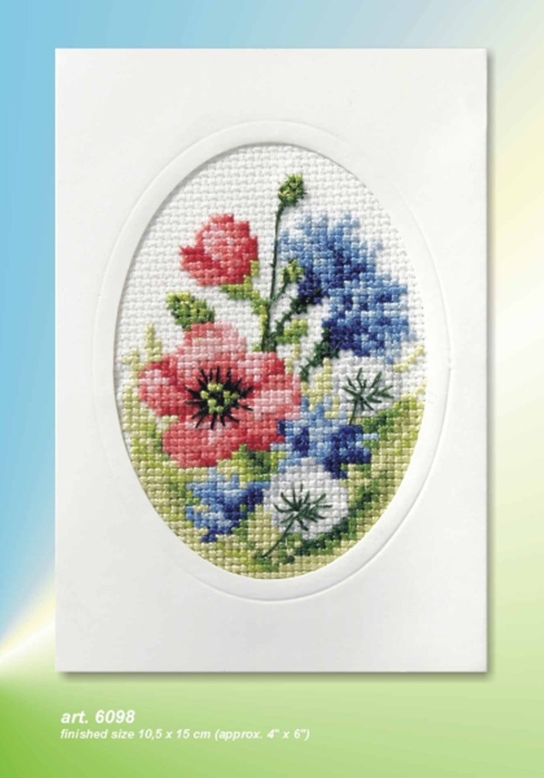 Flower Cross Stitch Card Kits. Orchidea Kits. Hollyhocks, Dahlias, Sunflowers, Pansies, Anemones, Poppies, Forget-Me-Nots. Poppies