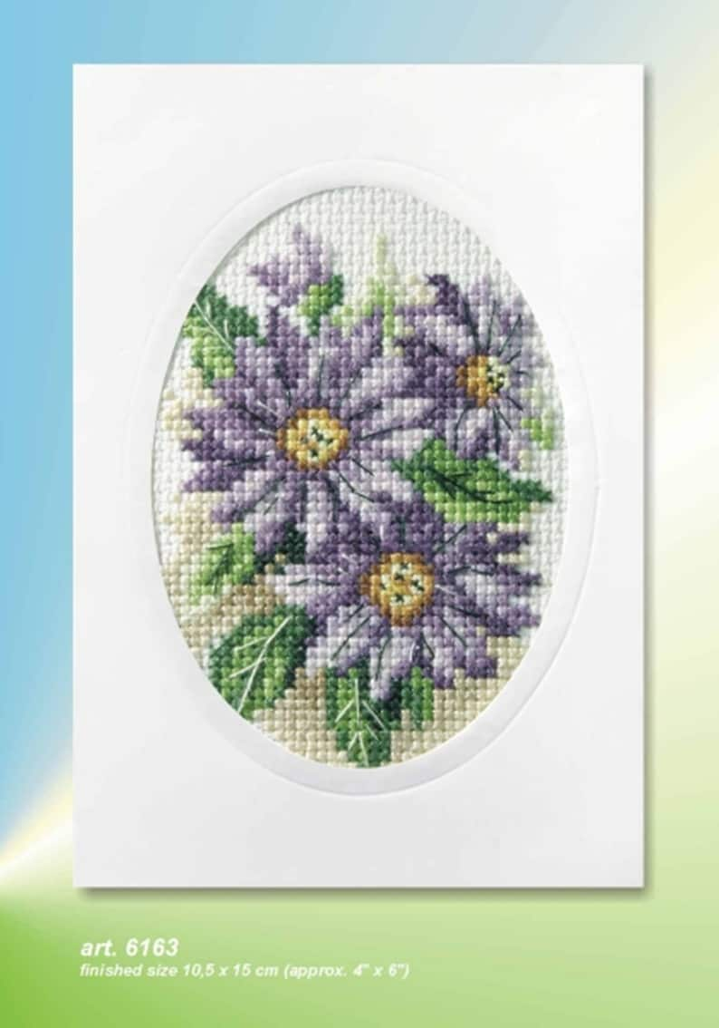 Flower Cross Stitch Card Kits. Orchidea Kits. Hollyhocks, Dahlias, Sunflowers, Pansies, Anemones, Poppies, Forget-Me-Nots. Dahlias