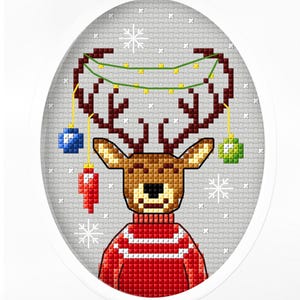 Kit per biglietto a punto croce con renne festive. Un grande Babbo Natale segreto, un progetto natalizio, un regalo per la calza della Befana. Biglietto di Natale a punto croce di Orchidea.