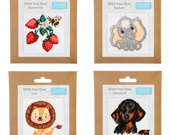 Mini Counted Cross Stitch Kits. Dachshund. Lion. Elephant. Strawberries. Trimits Cross Stitch Kits. Fun Cross Stitch Designs.