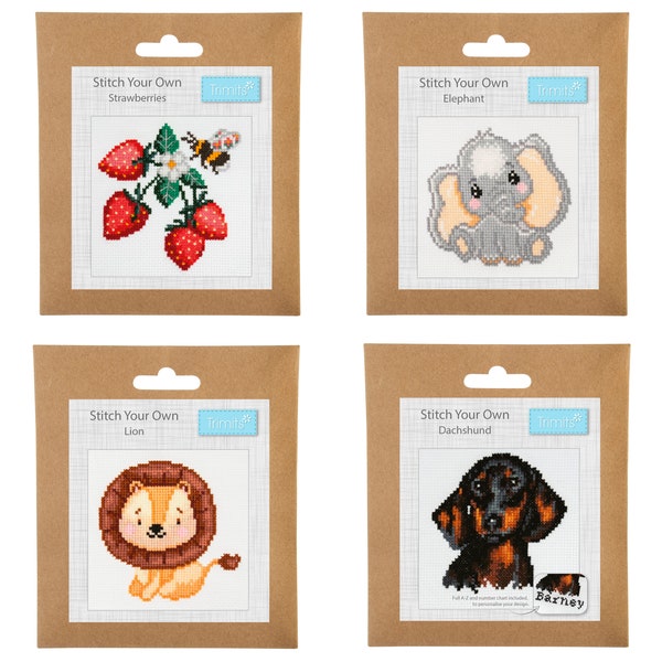 Mini Counted Cross Stitch Kits. Dachshund. Lion. Elephant. Strawberries. Trimits Cross Stitch Kits. Fun Cross Stitch Designs.