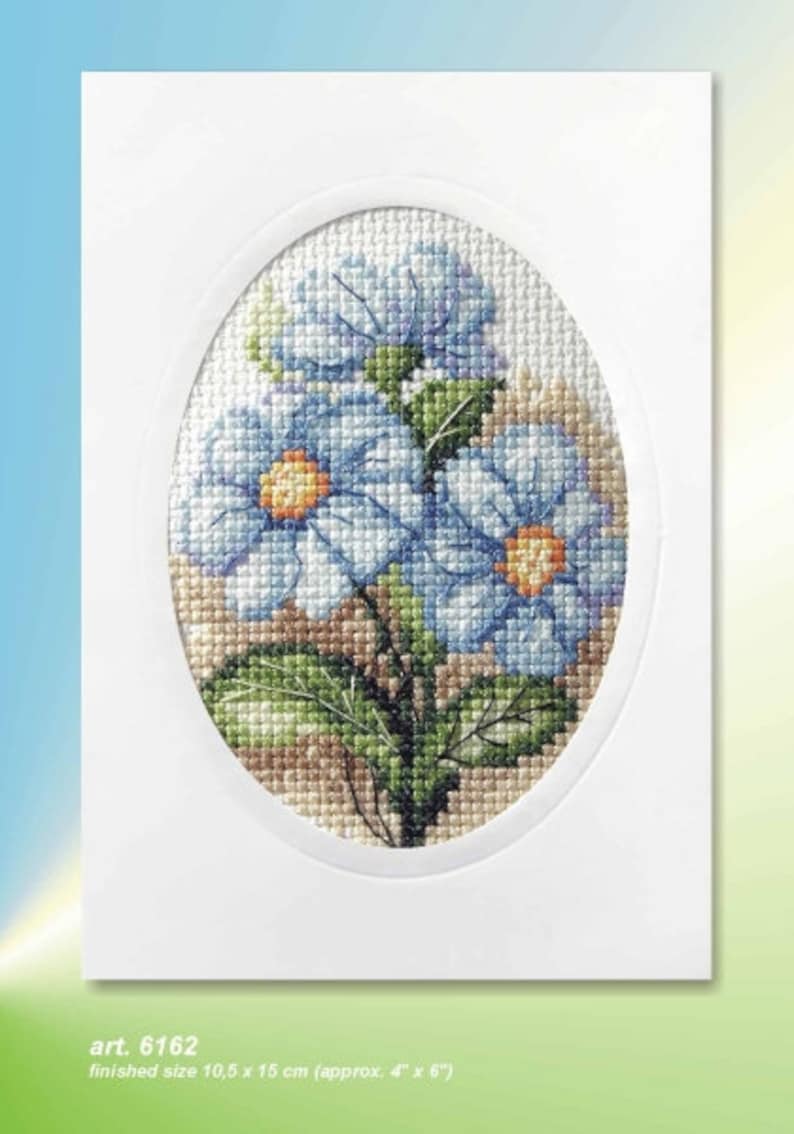 Flower Cross Stitch Card Kits. Orchidea Kits. Hollyhocks, Dahlias, Sunflowers, Pansies, Anemones, Poppies, Forget-Me-Nots. Blue Flowers