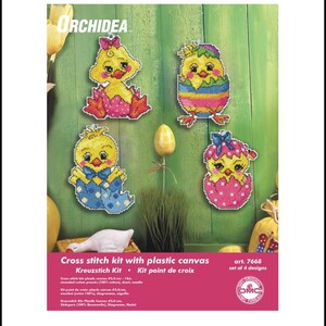 Kit punto croce pasquale "Pulli nelle uova". Crea le tue decorazioni a punto croce. Kit punto croce "Orchidea". 4 disegni, filato DMC Art 7668.