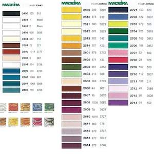 Madeira Mouline embroidery threads. Colour chart of shades 2400 to 2714. Includes variegated threads maderia mouline 2405, 2406, 2407, 2408, 2409, 2410, 2411, 2412, 2413 and 2414. High quality egyptian cotton hand embroidery thread