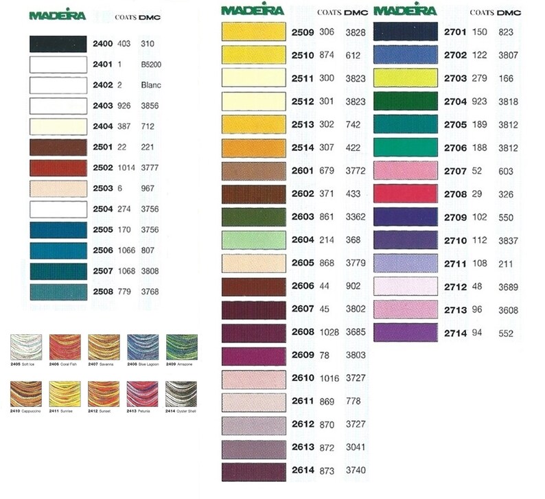 Madeira Mouline embroidery threads. Colour chart of shades 2400 to 2714. Includes variegated threads maderia mouline 2405, 2406, 2407, 2408, 2409, 2410, 2411, 2412, 2413 and 2414. High quality egyptian cotton hand embroidery thread