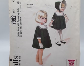 McCall's Printed Pattern 7992 Child's Dress with Collar and Cuffs, Size 4 Vintage 1965