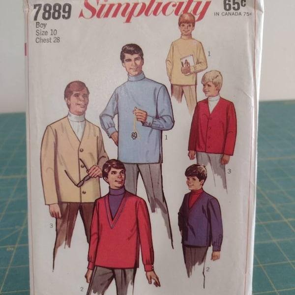 Simplicity 7889 pattern Boys Turtleneck shirts and Cardigan Jacket, UNCUT, size 10, Vintage 60s