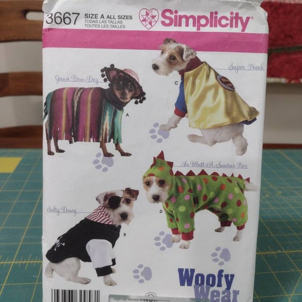 Simplicity 3667 Pattern Dog Clothes in 3 sizes, Woofy Wear by Wendy, costumes, Juan Bow Dez, Super Pooch, Salty Dawg, La Mutt a Saurus Rex